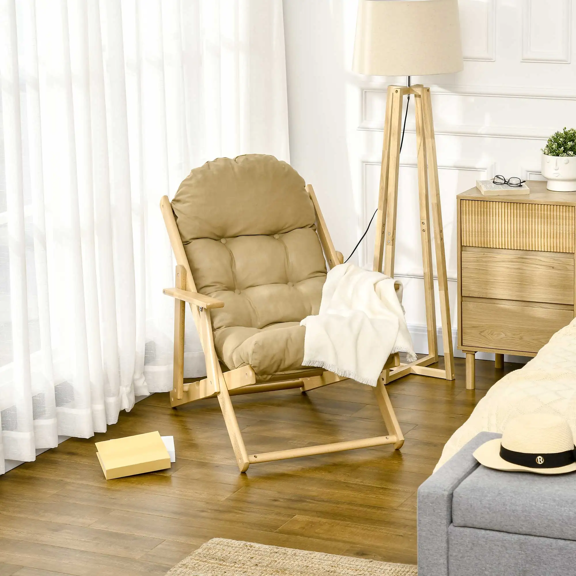 HOMCOM Relaxsessel Klappbar Polstersessel, Ruhesessel, Relaxstuhl, Esszimmerstuhl mit Leinenoptik für Wohnzimmer, Buchenholz, 71 x 89 x 96 cm Braun
