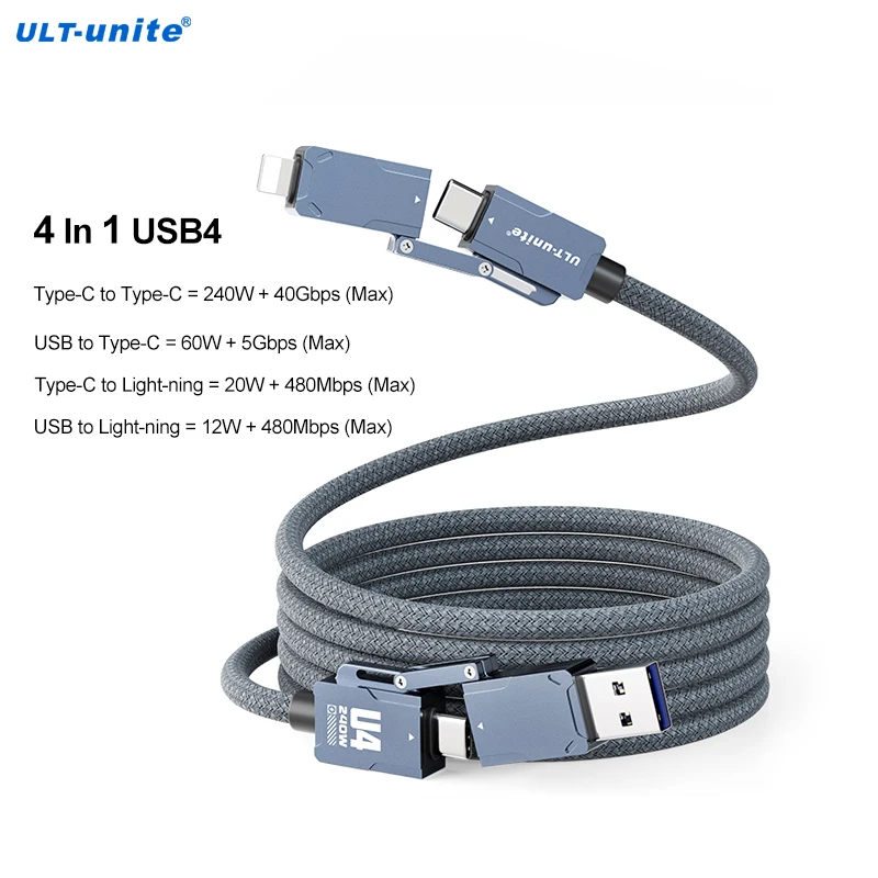 USB4-Kabel, 4-in-1-Kabel, 240 W, Schnellladung, Datenleitung, USB, 40 Gbit/s, Übertragung, Multi-Ladekabel für iPhone 15 Pro Galaxy