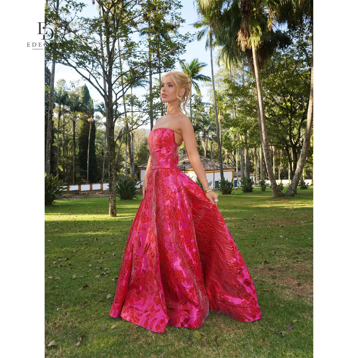 ED Pink Evening Dresses Ball Gown Strapless Sleeveless Silhouette Vibrant Red Floral Pattern Flowers Full Length Customized