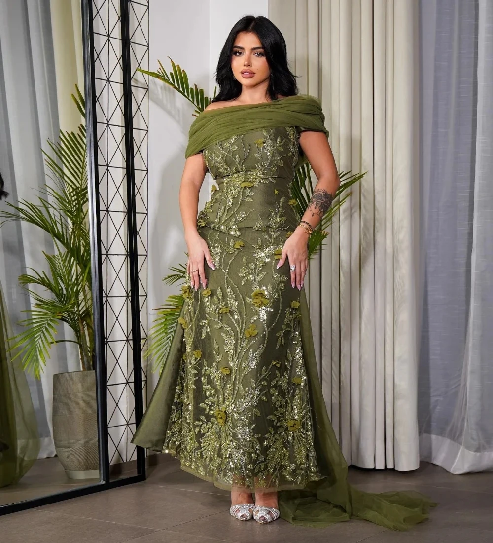 Green Floral Lace Long Bespoke Occasion Gown Evening Dresses Pastrol Unisex Jersey Retro Dubai Saudi Arabic Prom Customized