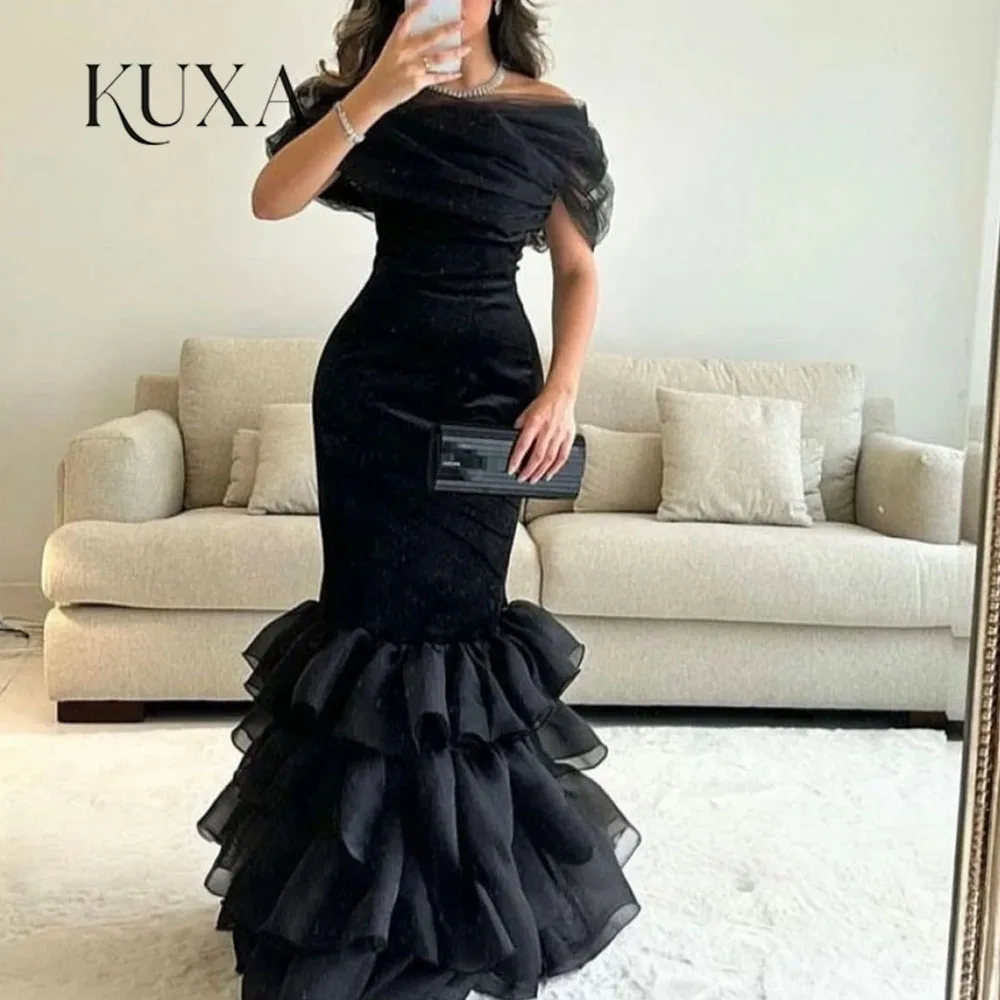 KUXA Customized Off the Shoulder Evening Dresses with Pleat Tiered Mermaid Floor Length Short Sleeves Party Gown Robes De Soirée