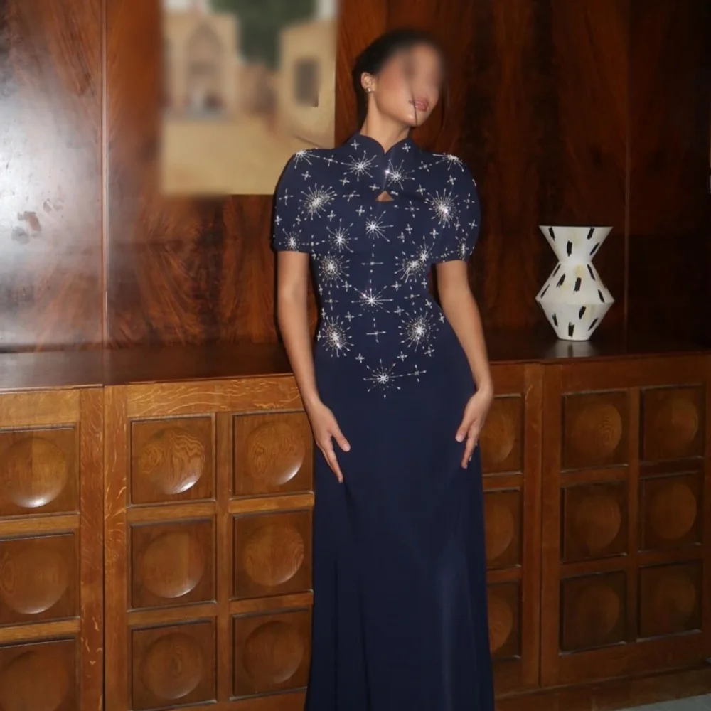 Customized Formal Evening Gowns High Collar Padded Shoulder Sparkle A-line Long Dresses Exquisite Party Dresses