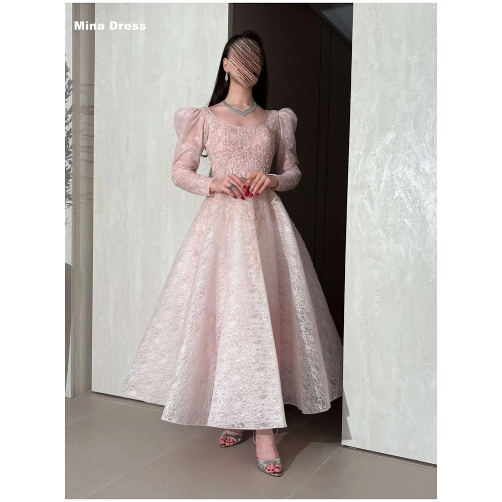 Mina Customized Pink Floral Lace Long Sleeves Round Neck Elegant Party Dresses 2026 Trends Saudi Women's Evening Dress Prom Day
