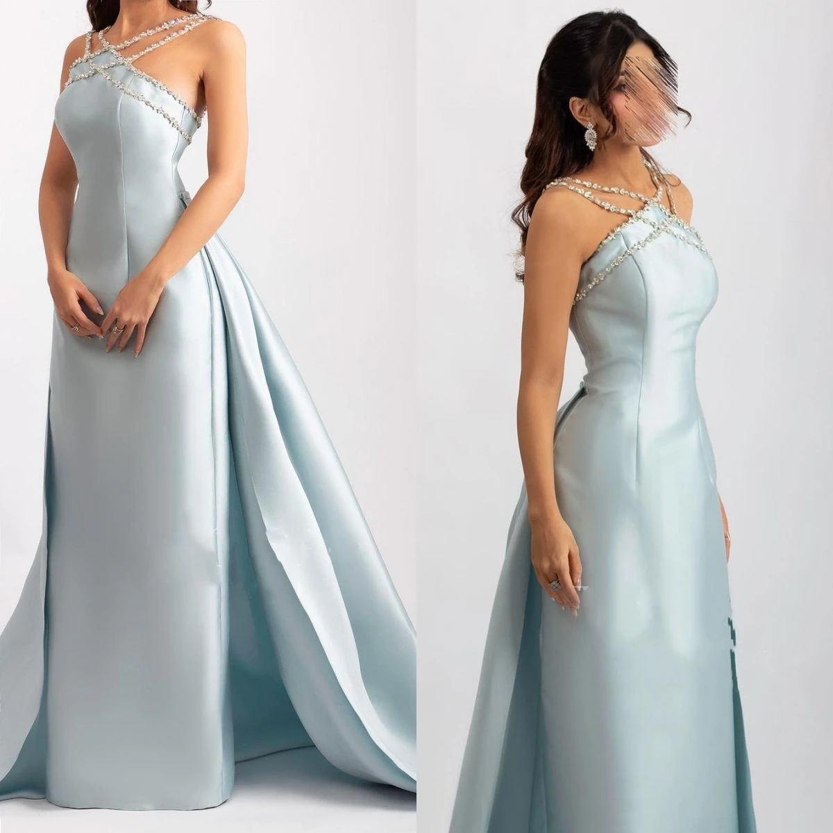 Aenyrst Light Blue Prom Dress Shiny Beading Halter Party Dresses Stain Sleeveless Celebrity Gown with Detachable Tail Customized