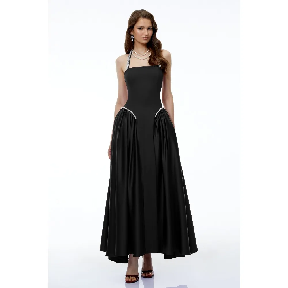 Customized Halter Evening Dresses Pearl Women's Formal Evening Gowns Crystal Pleated Midi Formal Wedding Party Attire Dress 2026