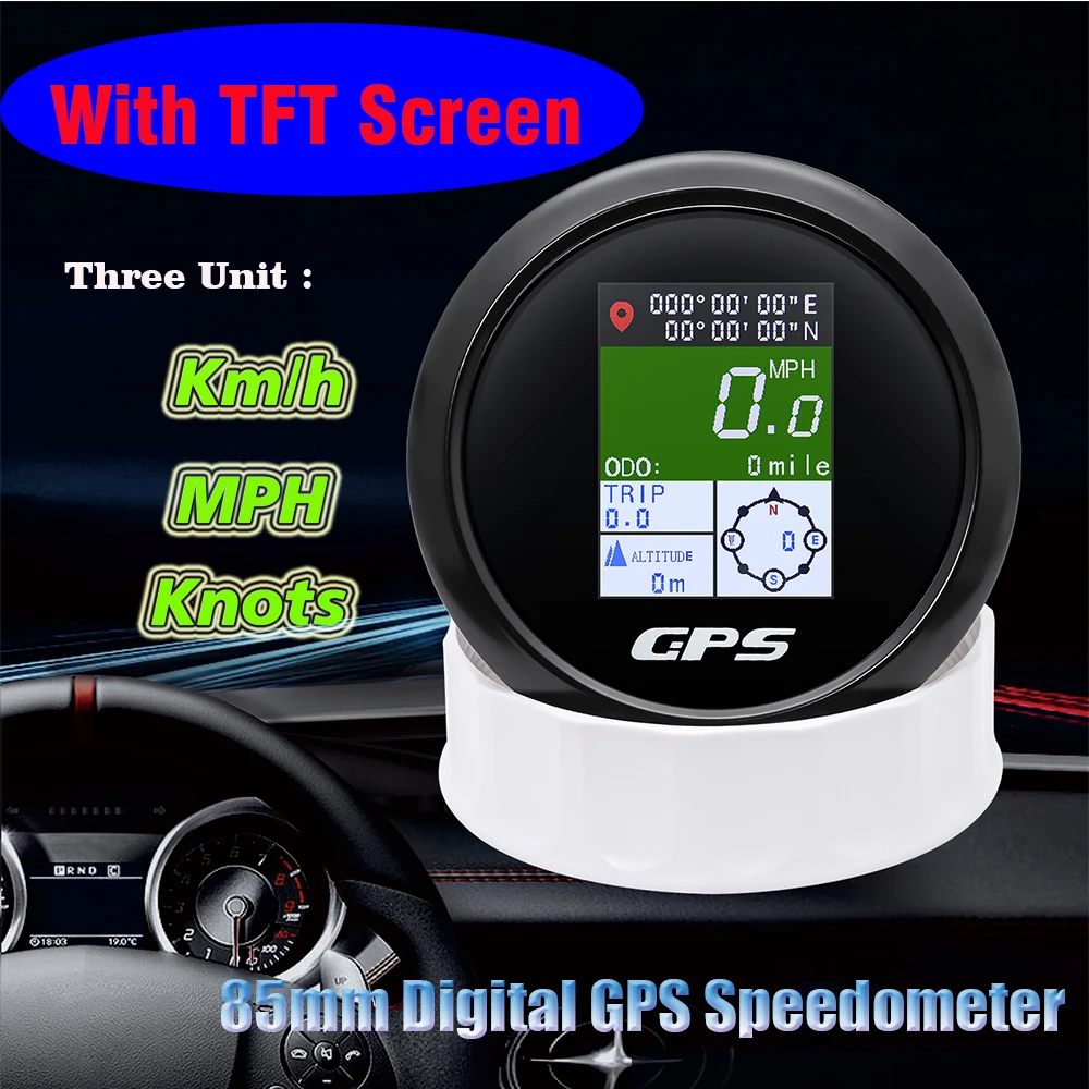 TFT Screen 85mm GPS Speedometer Odometer with GPS Antenna Digital KMH,MPH,Knots COG SOG Altitude Compass For Car Boat 12V/24V