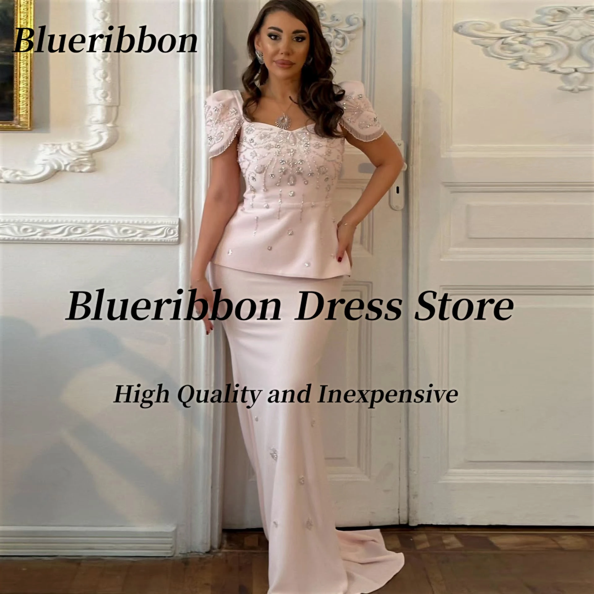 Blueribbon Square Neck Evening Dresses Short Sleeves Beaded Prom Dress Zipper Back Long Sheath Birthday Party Gowns Customized