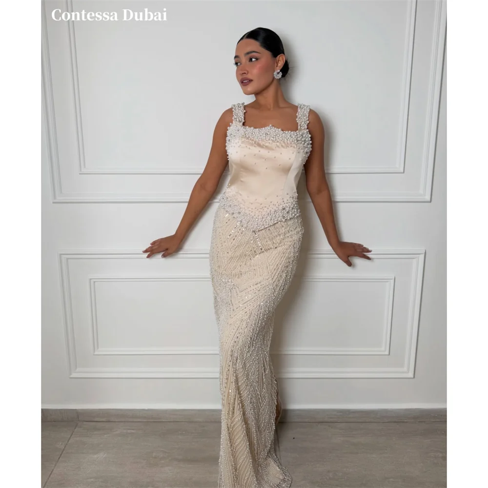 Contessa Custom Champagne Pearl Strap Evening Dress Rhinestone Beaded Prom Dresses Mermaid Vestidos De Noche Maxi Formal Evening