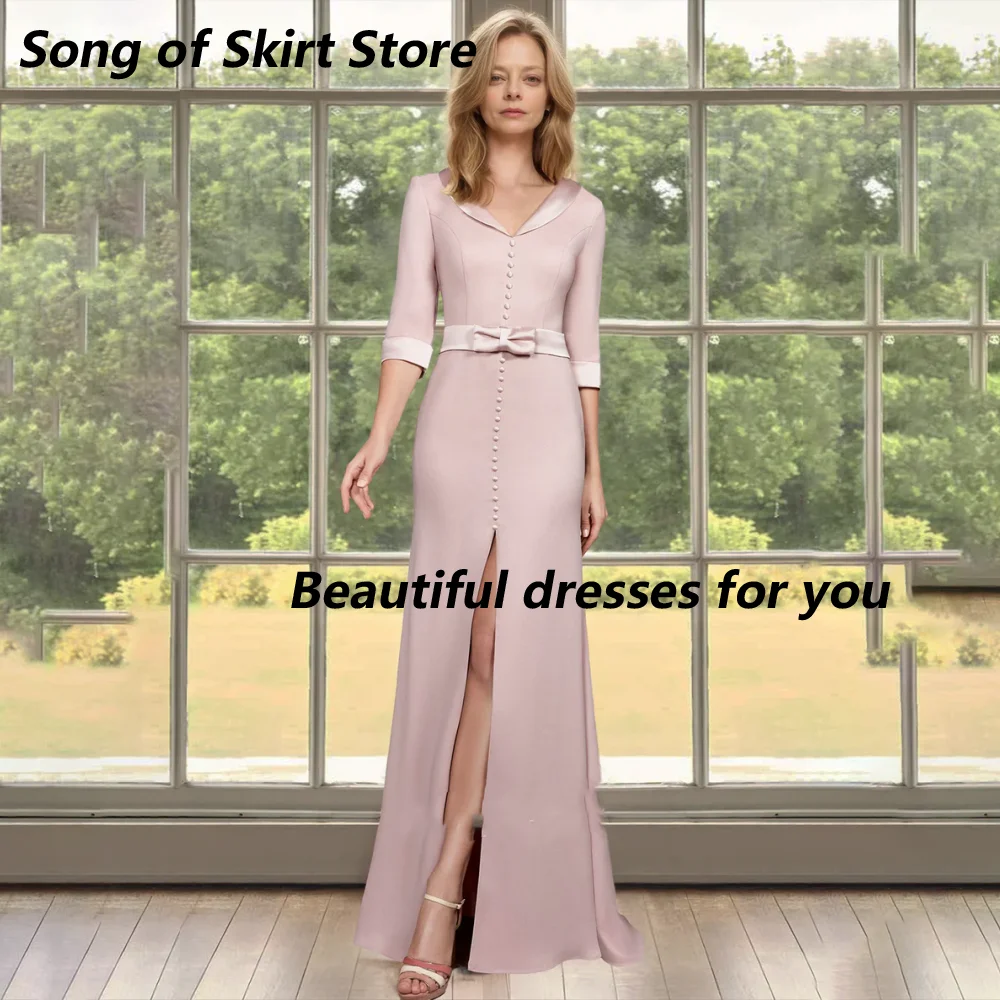 Customized Pink Lapel V Neck Mother Of Bride Dresses 3/4 Sleeve Jersey Belt Pearls Front Slit Mermaid Long Wedding Guest Gown