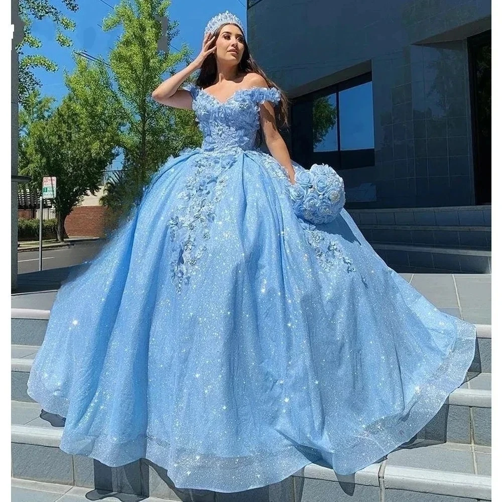 Blue Quinceanera Dresses Ball Gown Vestidos De 15 Anos Glitter Tulle Formal Princess Birthday Party Gowns Customized