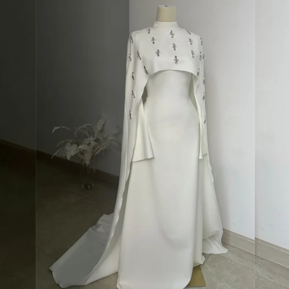 Customized Elegant Formal Long Shawl Saudi Arabian Evening Dress Rhinestone High Collar Long Dresses Grace Party Gown Glitter