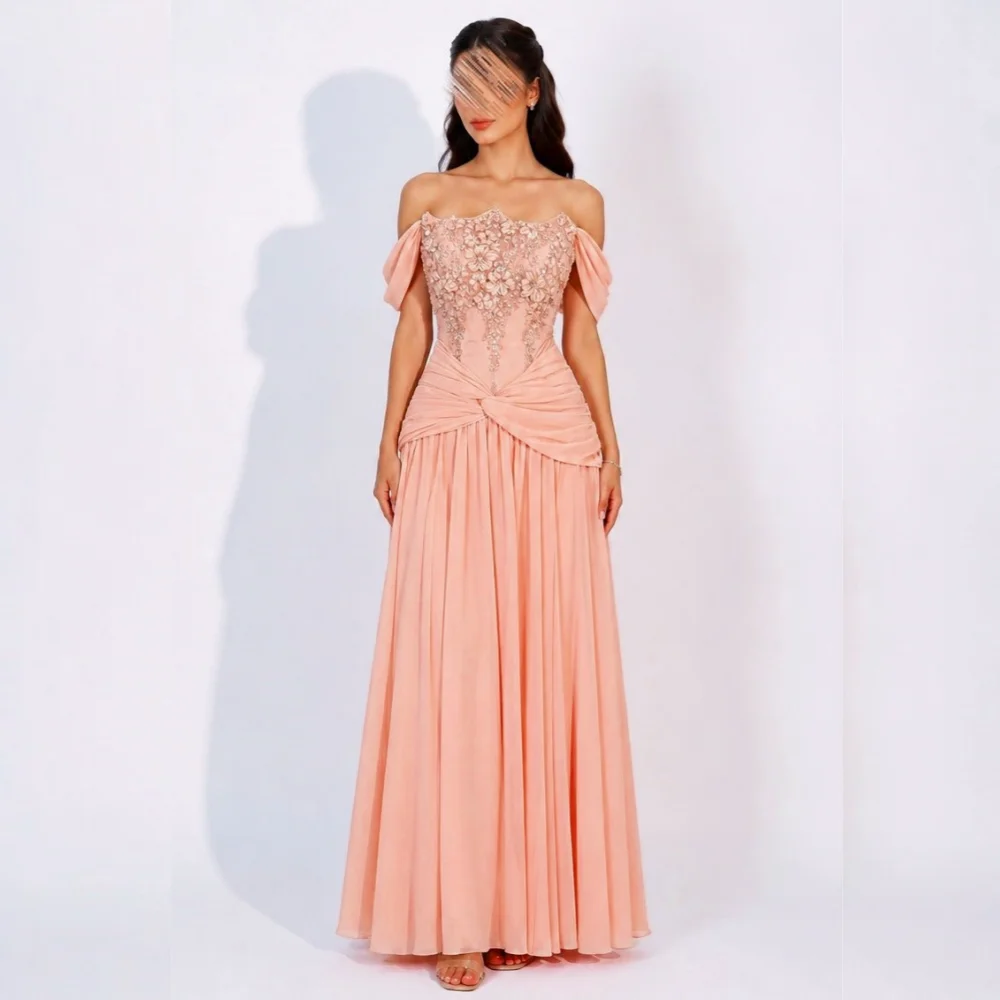 Customized Luxury Off-the-shoulder Evening Dress Applique A-line Pleat Long Dresses Wedding Party Dress for Banquet