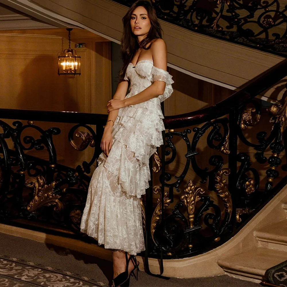 Classic Tiered Lace Party Dress Customized Mermaid Off the Shoulder Evening Dress Elegant Sweetheart Appliques Celebrity Gowns