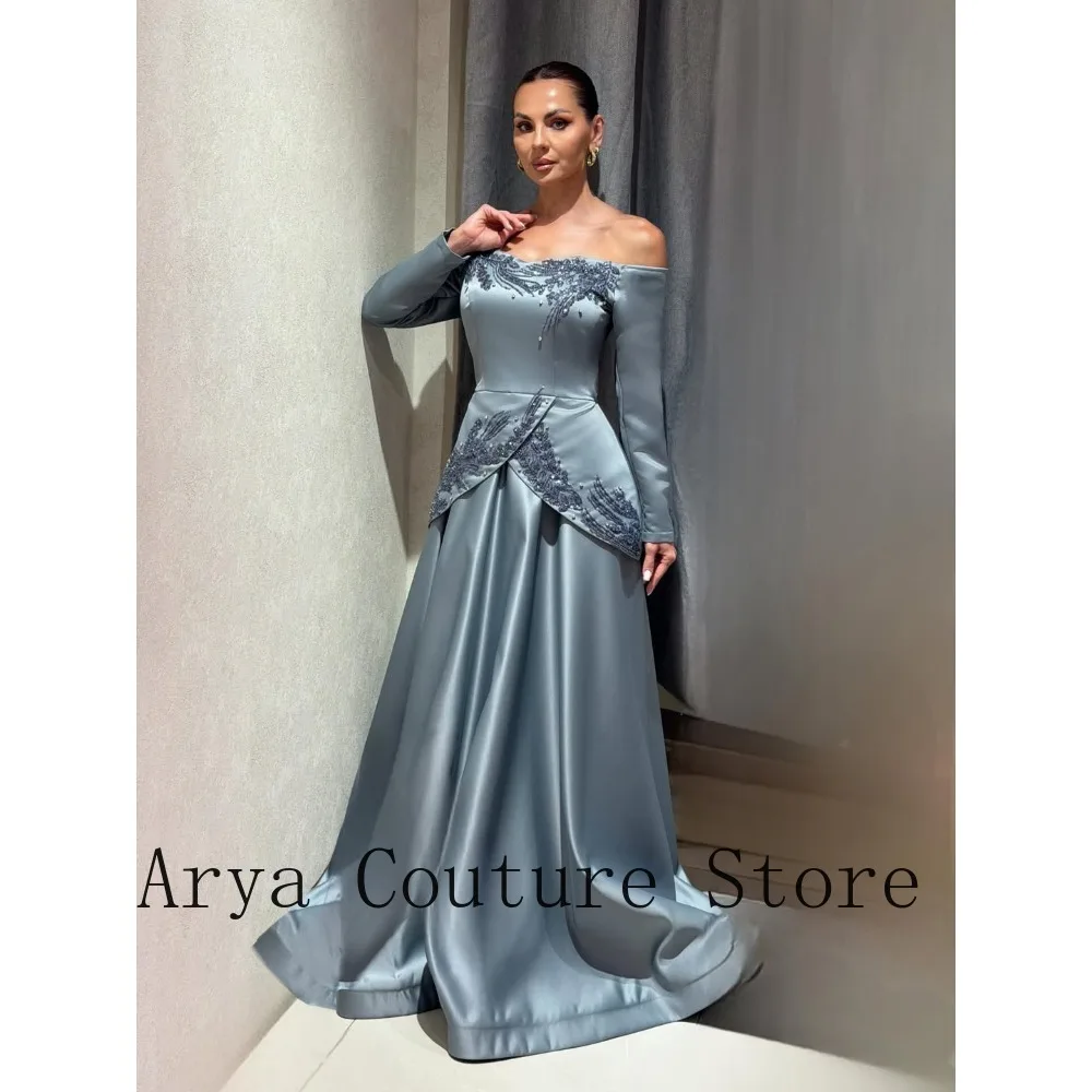Customized Dusty Blue Formal Dress with Off Shoulder Neckline Long Sleeves and Embroidered Peplum Evening Gown for Prom Dresses
