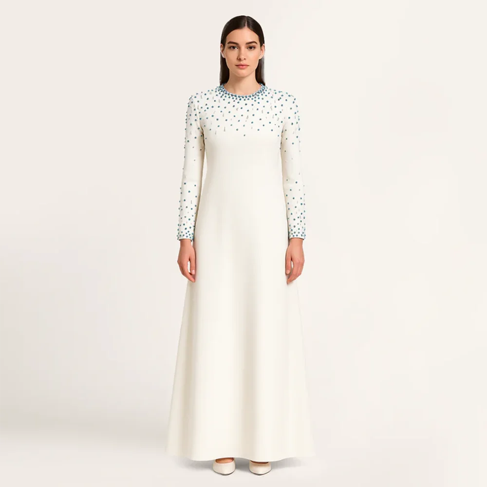 Customized O-Neck Long Sleeve Evening Dresses Elegant Formal Occasion Crystal Beading 2026 Floor Length Prom Dress