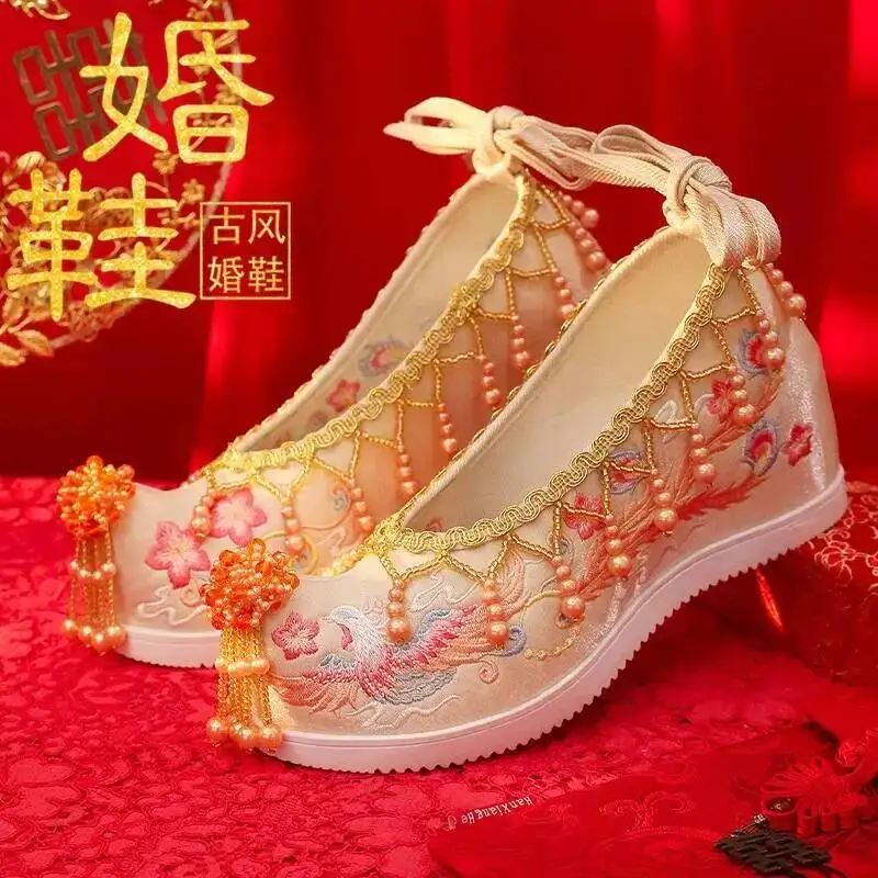 Xiuhe Shoes Wedding Shoes Chinese Bridal Shoes Phoenix Necklace Red Shoes Cloth Shoes Embroidered Shoes Ancient Hanfu Shoes