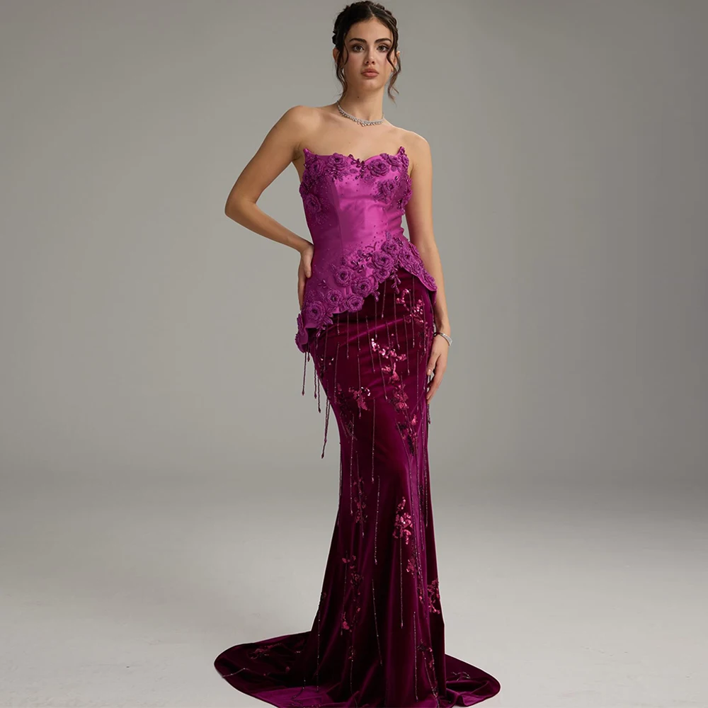 Luxury Velour Strapless Evening Dress Delicate Appliques and Beading Customized Prom Dresses Graceful Mermaid Celebrity Gowns