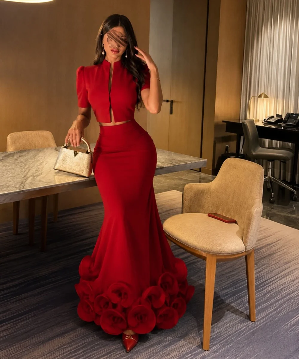 Customized Simple Jersey Pleat Handmade Flower Trumpet High Collar Long Quinceanera Luxury Party Dresses Formal