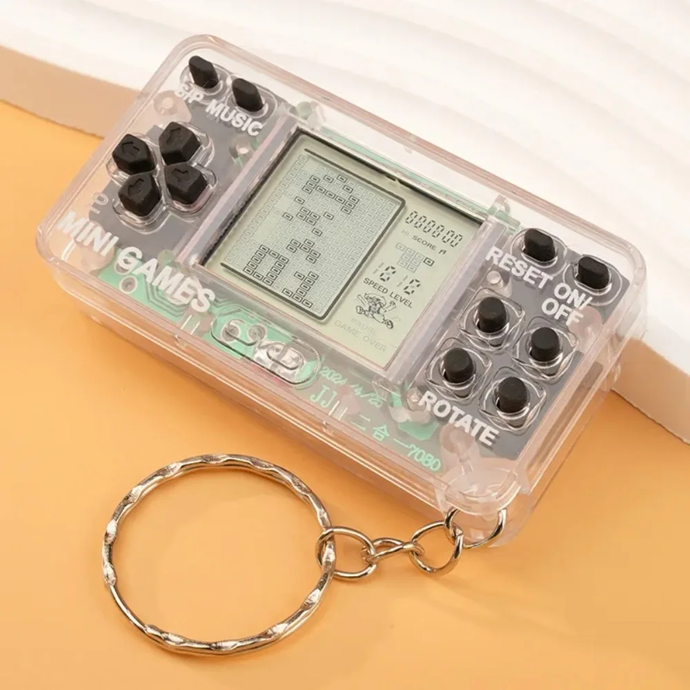 Blue Retro Mini Handheld Game Console Keychain, Playable Video Game Keyring with Bells, Cute Backpack Pendant