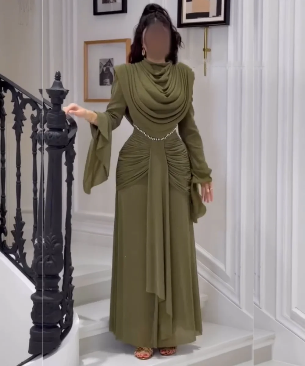 Customized Fashion Chiffon Pleat Sequined Straight Jewel Long Evening Dresses Luxury 2025 Bespoke Occasion Simple