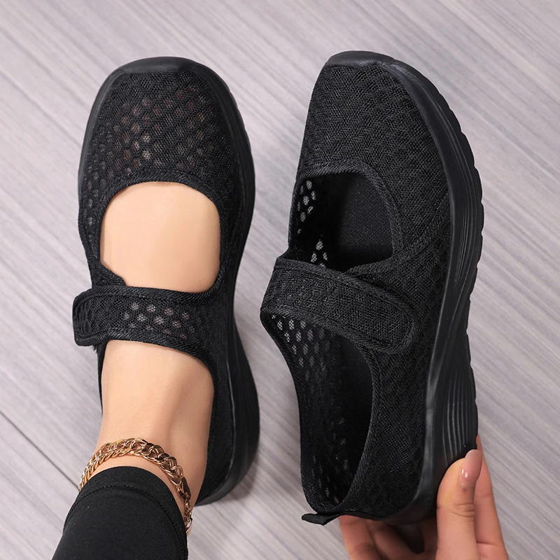 Solid Color Women's Shoes, Summer Large Mesh Women's Shoes, Hollow Breathable Slip-On Shoes, Slip-On Work Shoes, Loose and Comfortable Mom Shoes, Flat Casual Shoes, Mesh Shoes, Lightweight Outdoor Sports Shoes, Adjusta