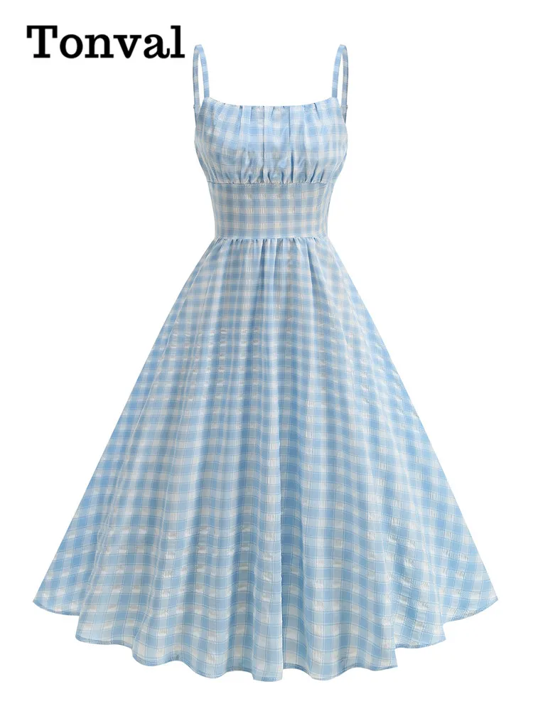 Tonval Ruched Front Summer Plaid High Waist Vintage Party Dresses 2025 Spaghetti Strap Women Fit and Flare Pleated Dress