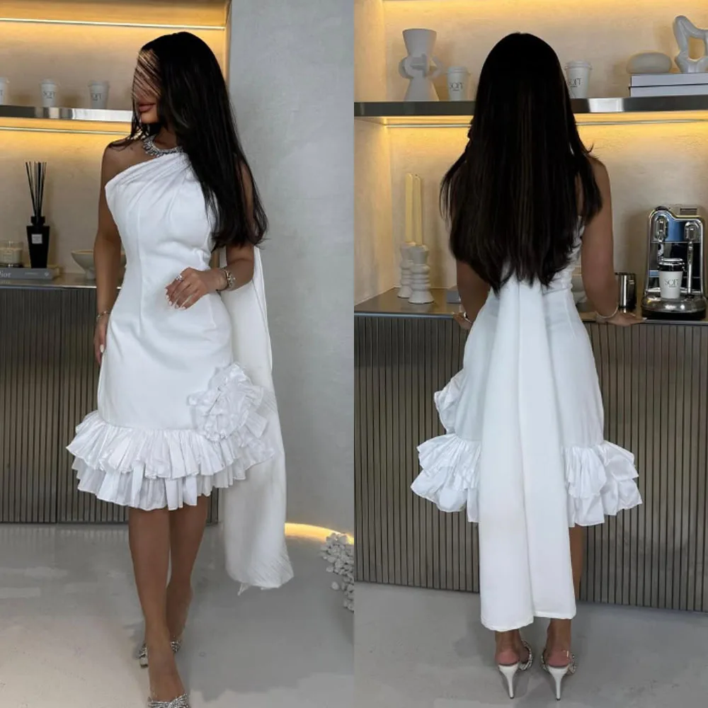 Customized High Quality Sleeveless Knee Length Wrinkle One Shoulder White A-line Vestido Para Festa De Formatura De Luxo Dress