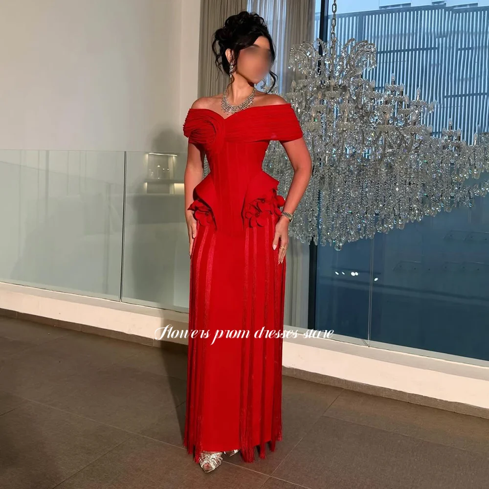 Flowers Red Party Dress with Tassels Off Shoulder Evening Dress with Pleats Gala Dress with 3D Flowers فستان سهرة Customized