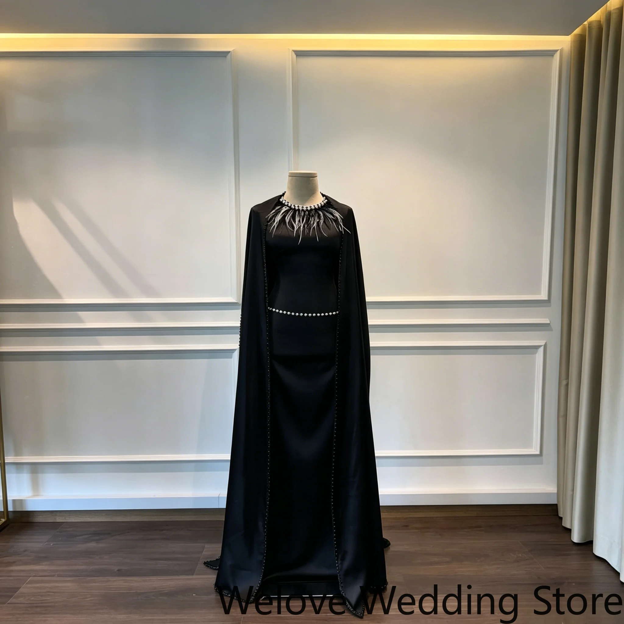 Customized Black Formal Evening Dress with High Neckline, Hand‑Sewn Feather Neck Trim, Rhinestone Waist & Hem Beading