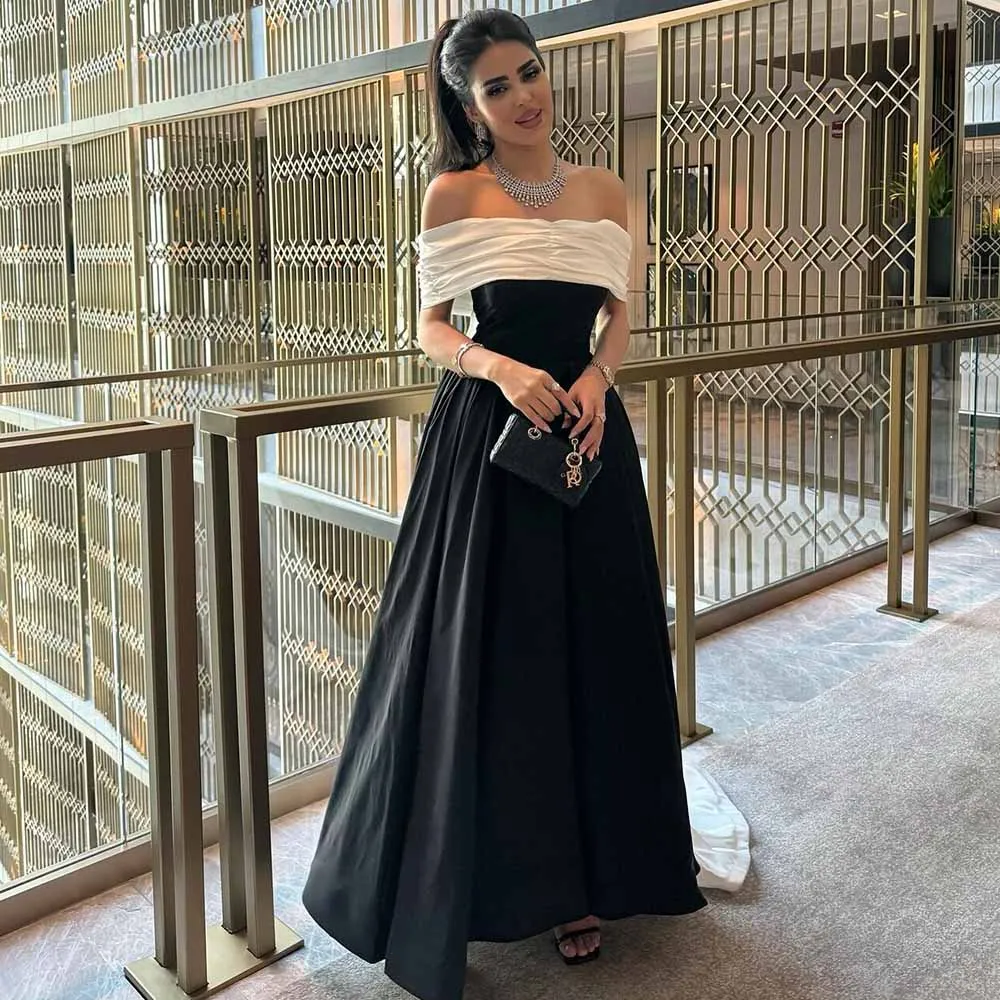 Contrast Color Women's Cocktail Party Gowns Satin A-line Celebrity Dress Black Off-the-shoulder Watteau Train Prom Dress Maxi