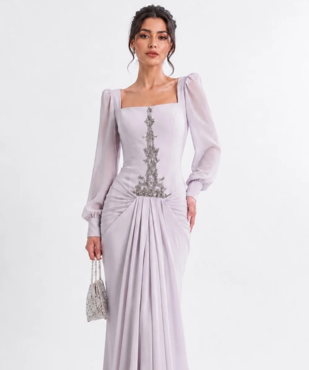 Customized Pastrol Chiffon Pleat Sequined Pattern Trumpet Square Neck Long Quinceanera Bespoke Occasion Dresses