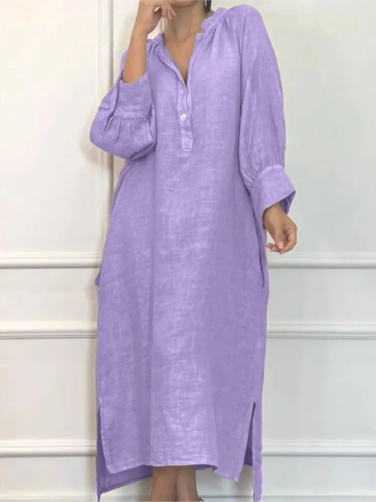 Fashion Cotton Linen Long-sleeved Loose Women's Dresses New Autumn Collection Casual Simple Pocket Elegant Female Slit Dress2026