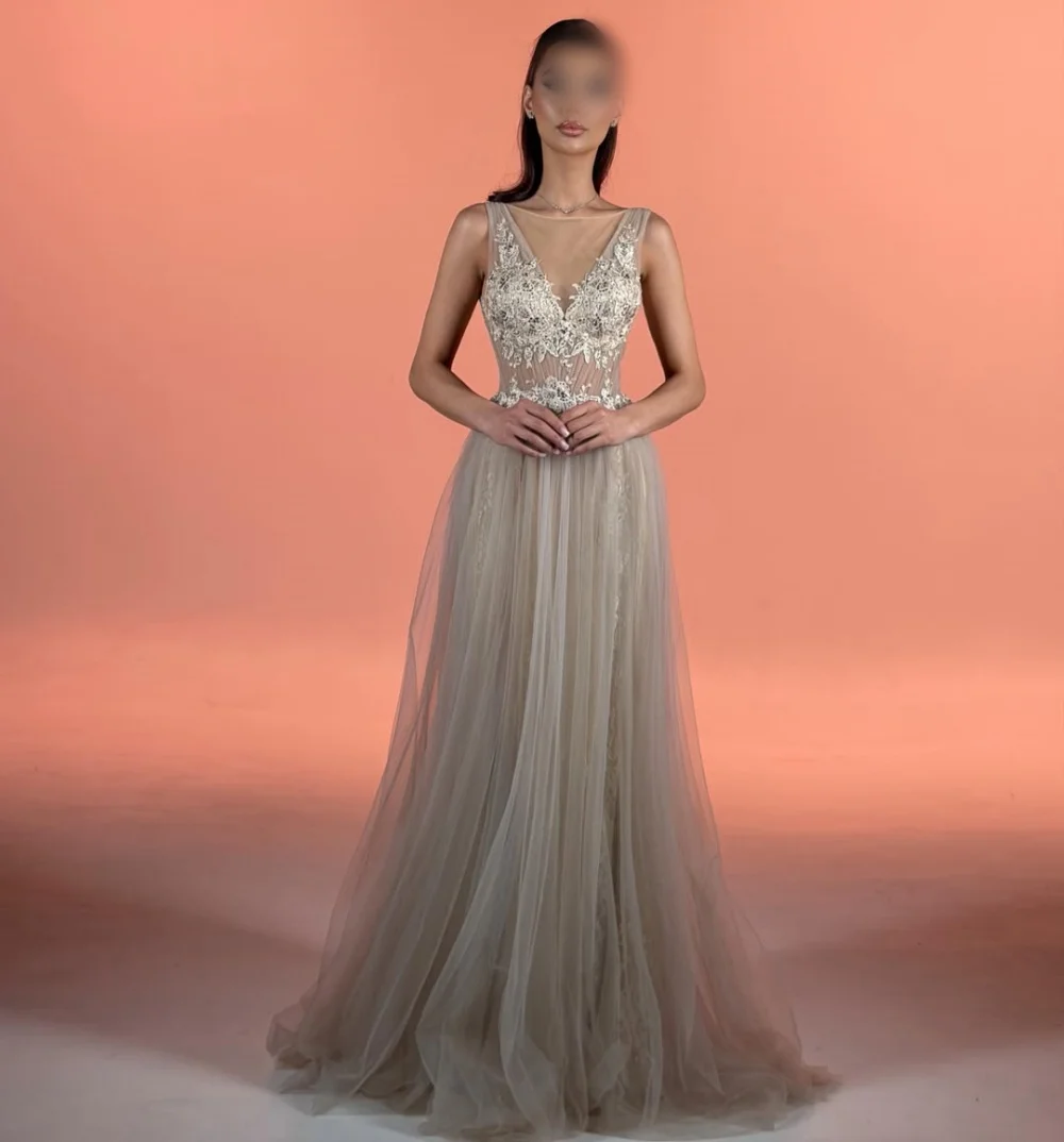 Customized High Quality Party Gown for Wedding O-Neck Sleeveless A-line Backless Floor-length Formal Evening Gowns