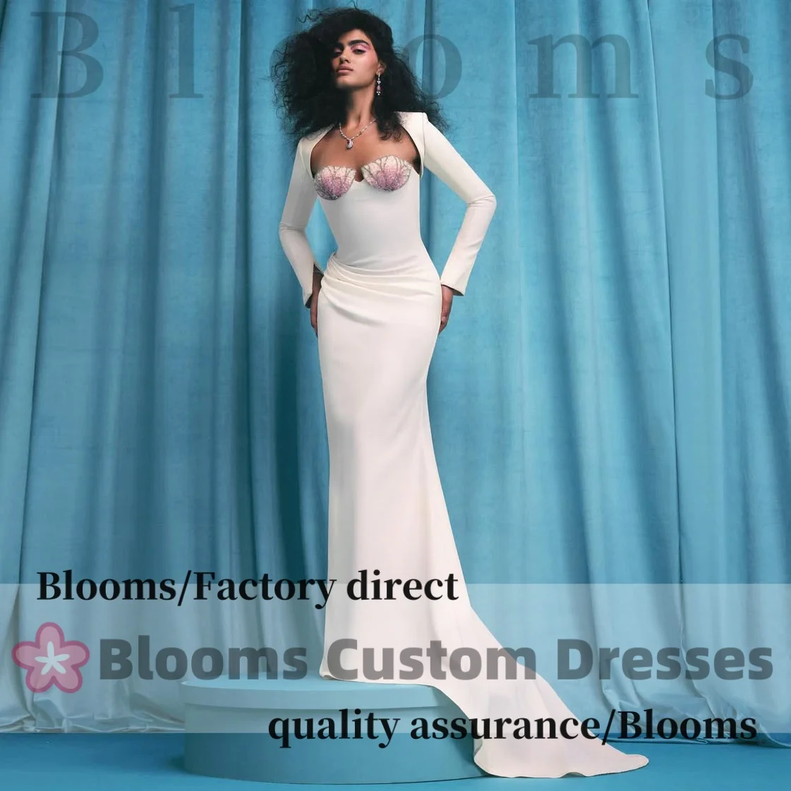 Customized Long Sleeves Off White Evening Dresses 2025 Pink Beaded Pleated Luxury Prom Dress Fashion Celebrity Party Gown
