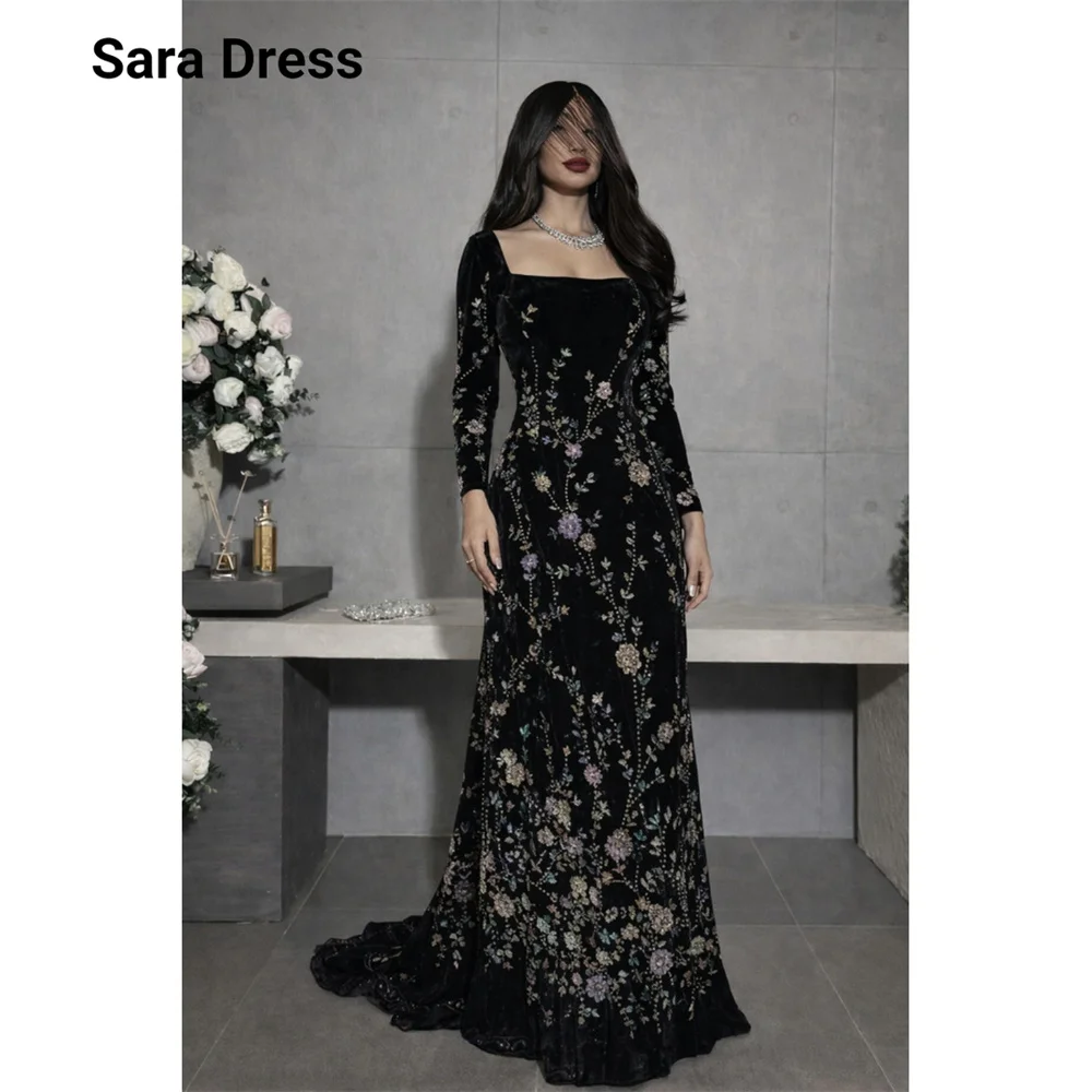 Sara Custom Black Floral Floor Length Long Sleeves Elegant Woman Dress Woman for Birthday Pictures Luxury Evening Dress Dresses