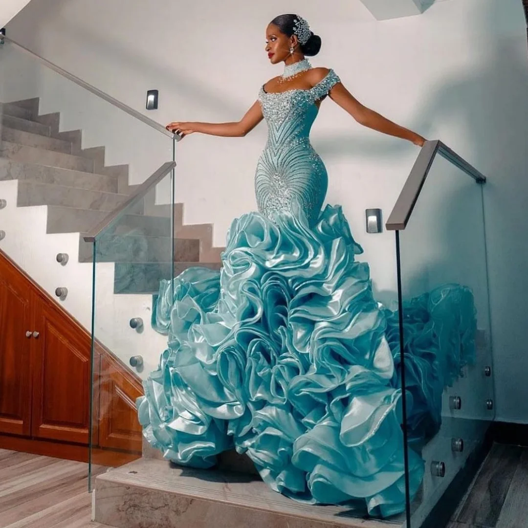 Luxury Ruffles Mermaid Evening Dresses Off the Shoulder Crystals Party Dress Trumpet Sweep Train Prom Gown Vestidos Customized