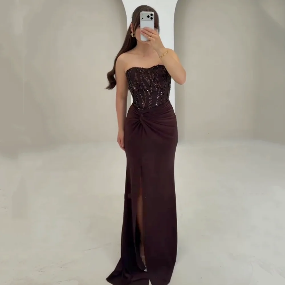 Customized Formal Strapless Evening Gowns Sequined Sleeveless Trumpet Long Dresses Party Dress for Banquet Exquisite