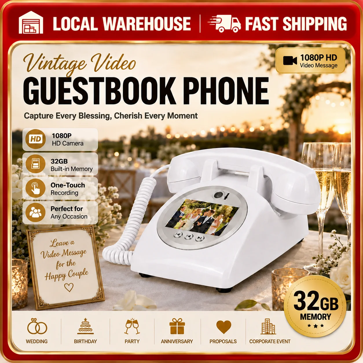Vintage Video Guestbook Telephone Audio Wedding Guest Book Phone Video Message Recorder 32GB Memory Wedding Gift Party Decor