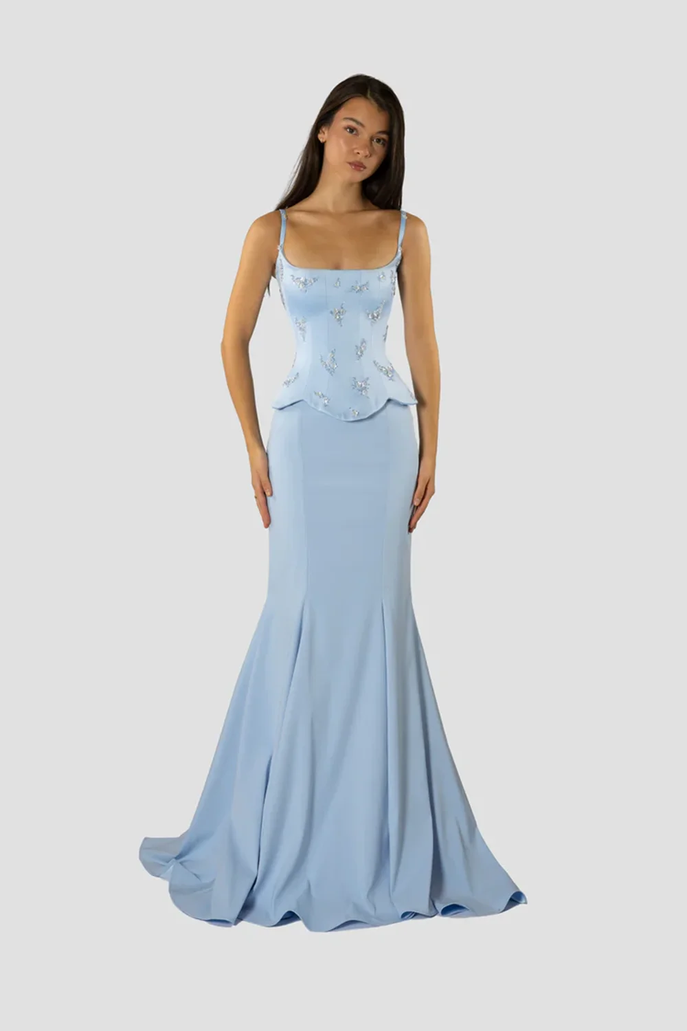 Fantasy Blue Mermaid Spaghetti Straps Evening Dresses Handmade Flowers Beads with Ruffle Design Sweep Train Formal Prom Dresses