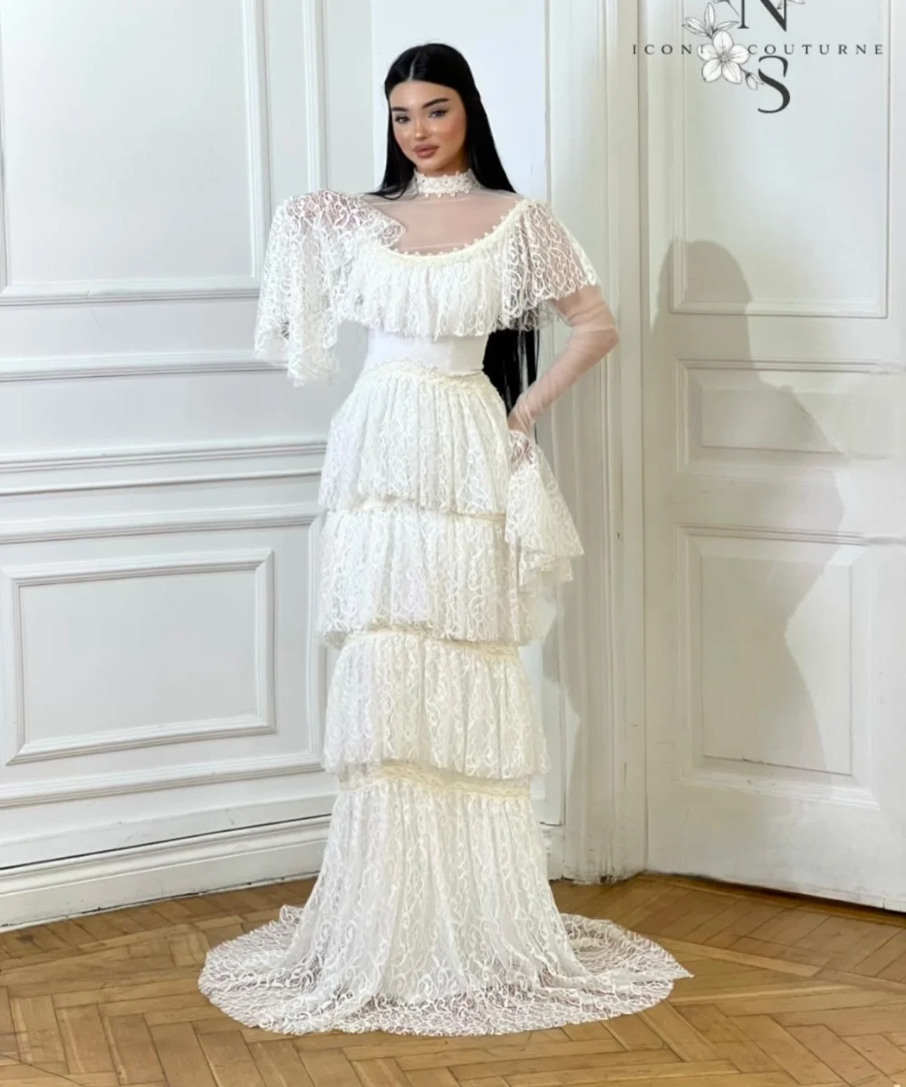Customized Formal Lace Pleat Ruffle Trumpet High Collar Long Bespoke Occasion Homecoming Dresses Chinese Style