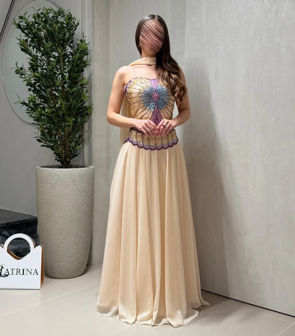 Customized Intricate Chiffon Pleat Sequined Pattern A-line Strapless Long Celebrity Bespoke Occasion Dresses Elegant