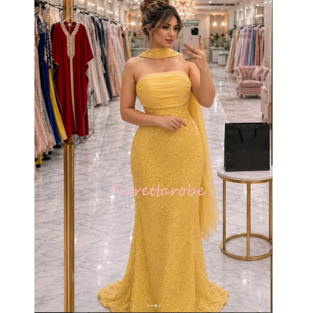 Custom Elegant Strapless Sequins Mermaid Evening Dress with Chiffon Cape Formal Prom Gowns Party Bridal Gown