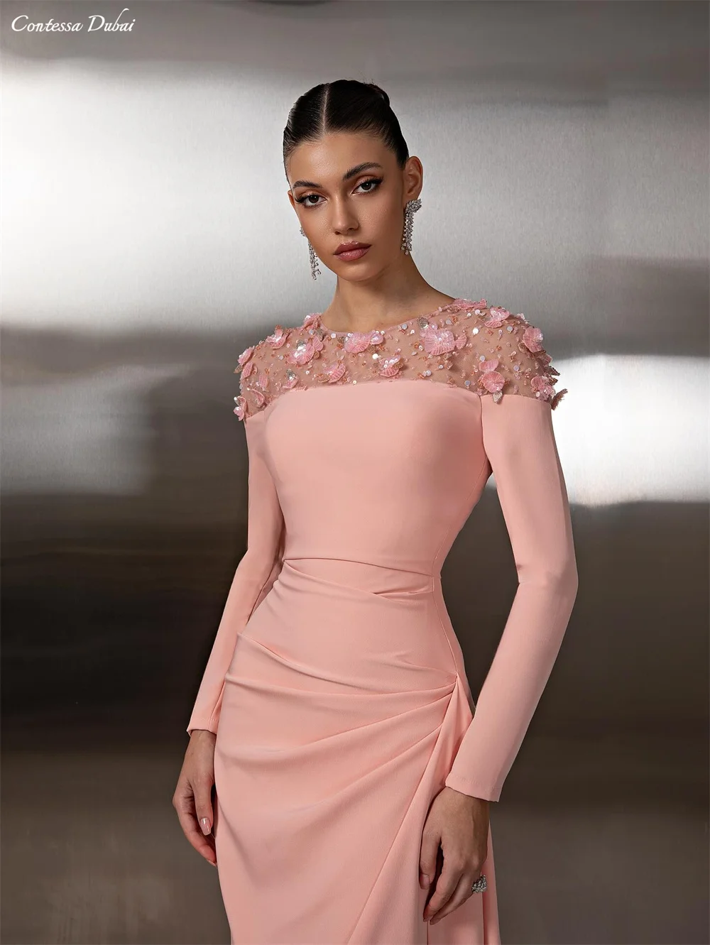 Contessa Customized Pink Long Sleeve Column Prom Dresses With Flower appliqué robes de soirée Floor-Length Formal events dresses