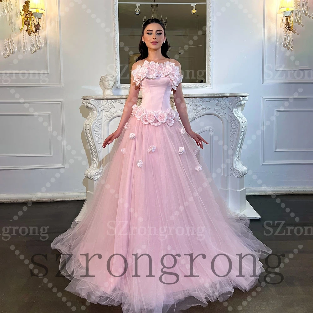 Custom Made Pink Graceful Boat Collar Tulle Evening Dress A-line Backless Princess Floor Length Prom Bridal Gown with 3d Flowers