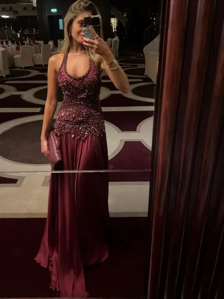 Aenyrst Customized Burgundy Halter-Neck Evening Dresses Beaded Sequined Chiffon Formal Prom Dresses Gala Upscale Party Gowns
