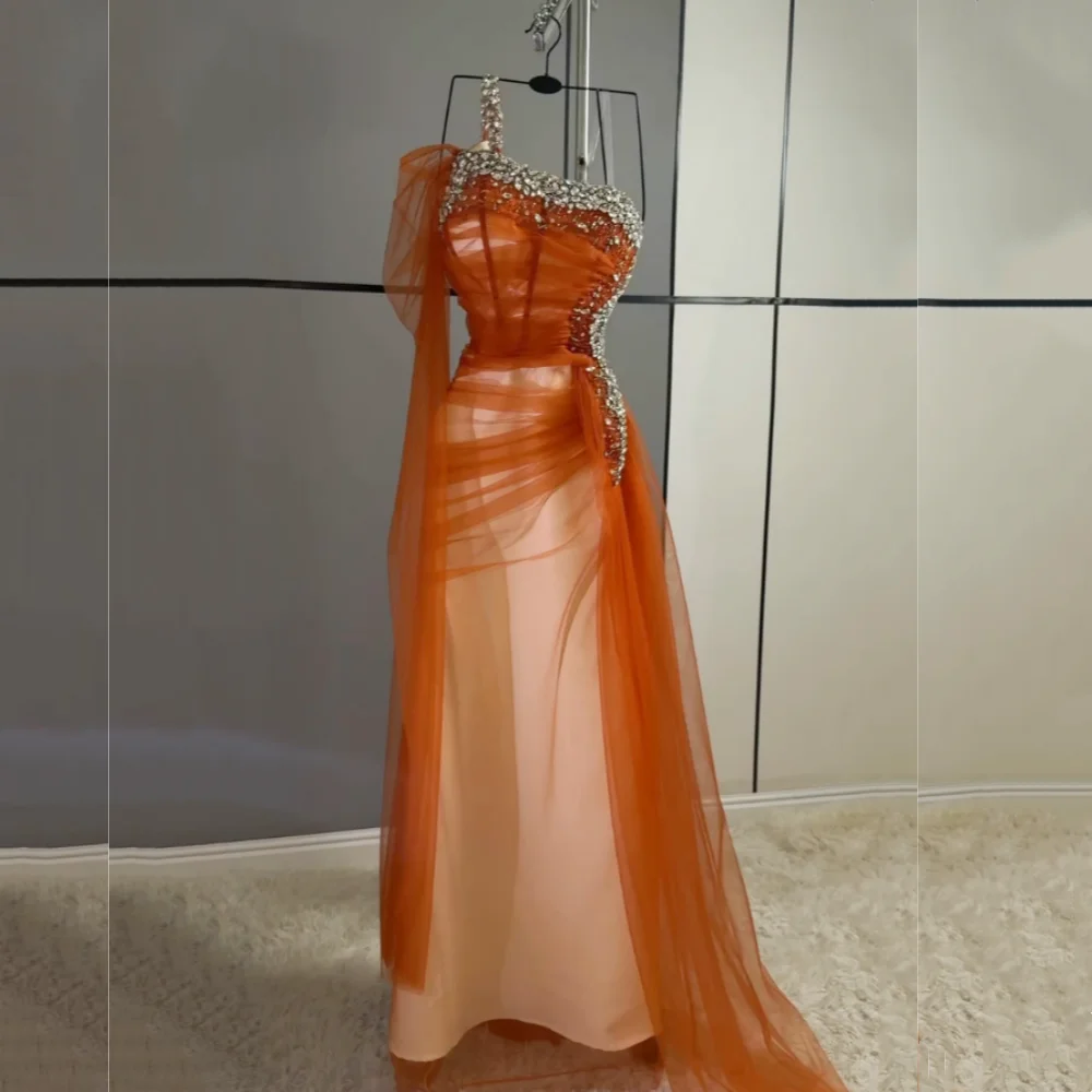Customized Luxury Glitter Prom Dresses Rhinestone Formal Evening Dress Pleats Long Dresses Modern Style Chic