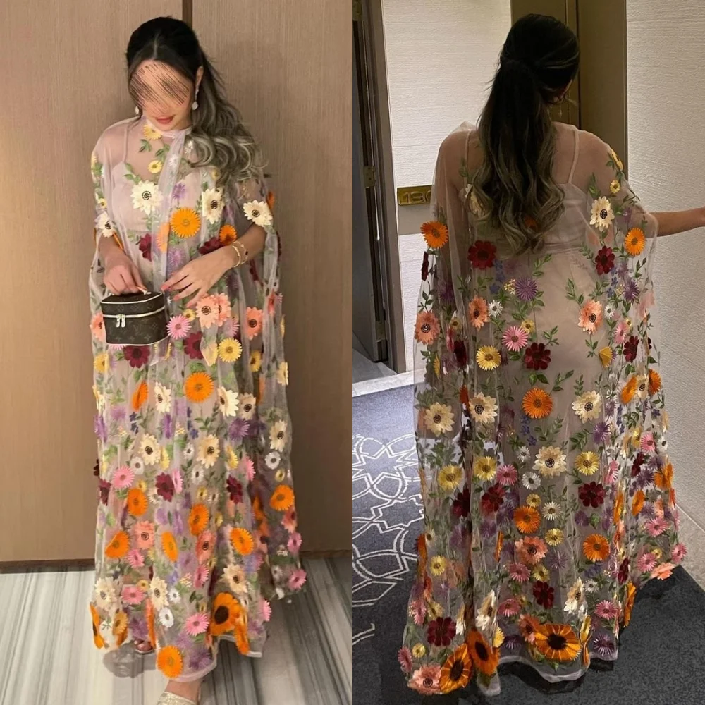 Customized Exquisite Modern Style High Collar A-line Flowers Embroidery Tulle Bespoke Occasion Evening Gown