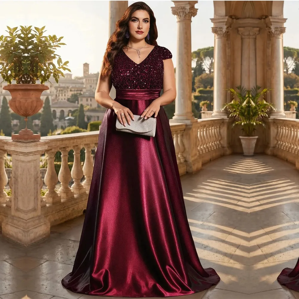Vintage V Neck Beaded Satin Burgundy Prom Dresses Sleeveless A Line Sweep Train Formal Occasion Dresses
