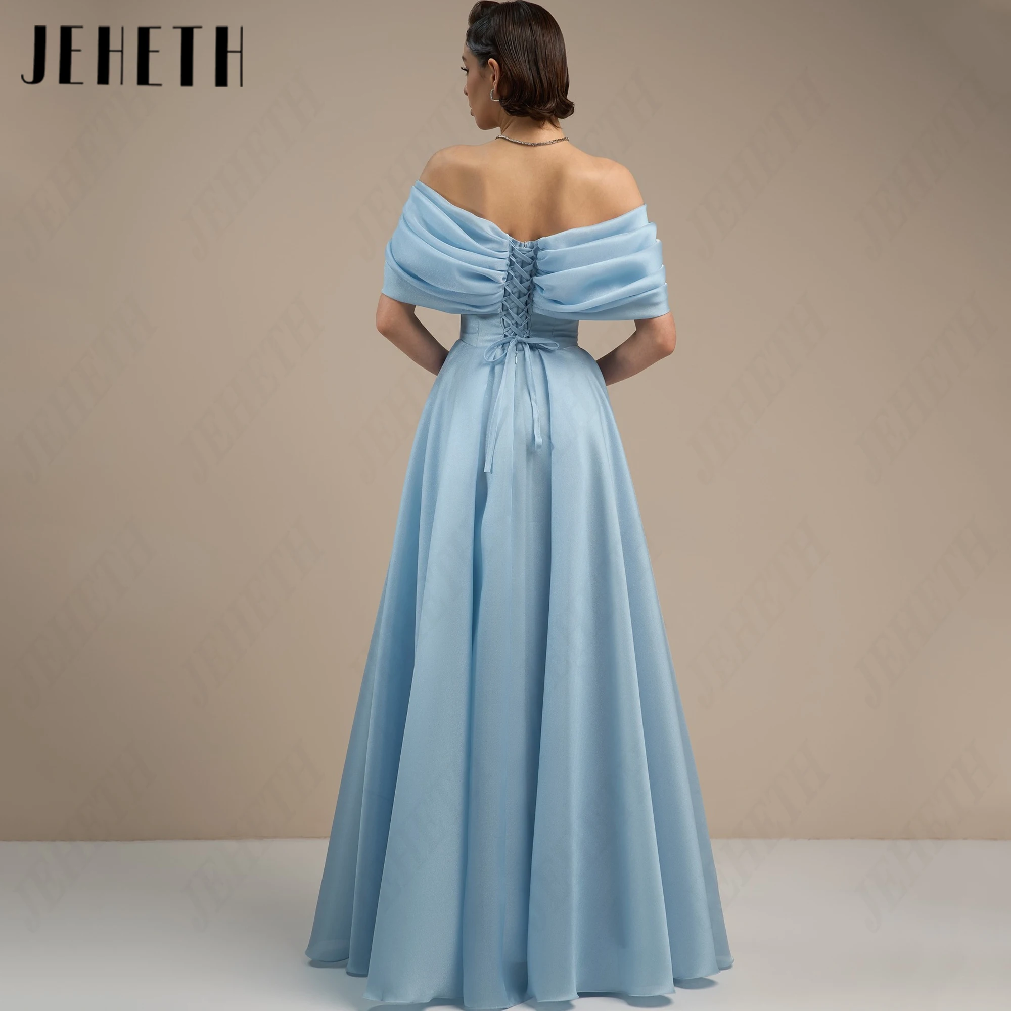 JEHETH Elegant Satin Off the Shoulder Prom Dresses 2026 V-Neck Long Formal Event Dress Pleated Evening Gown Luxury Customized