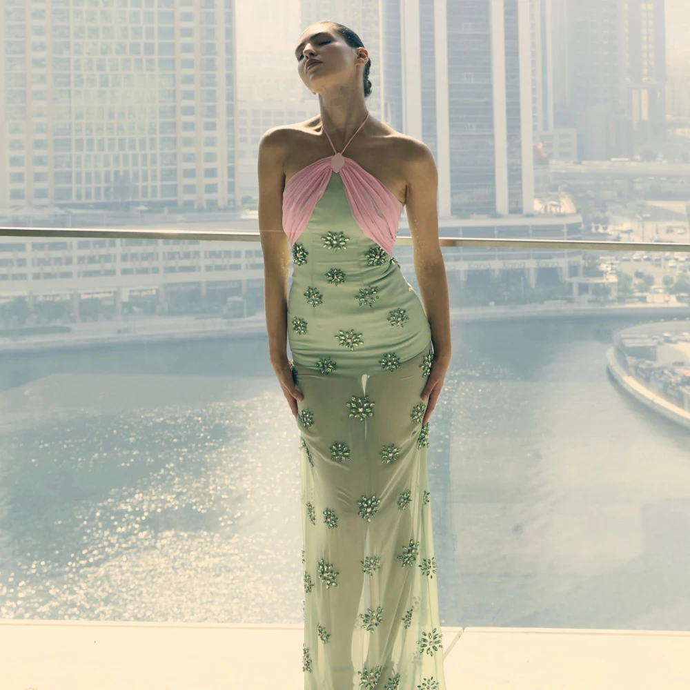 Elegant Mermaid Evening Dress Sexy Halter Crystal Flowers Customized Celebrity Gowns See Through Chiffon Party Dresses